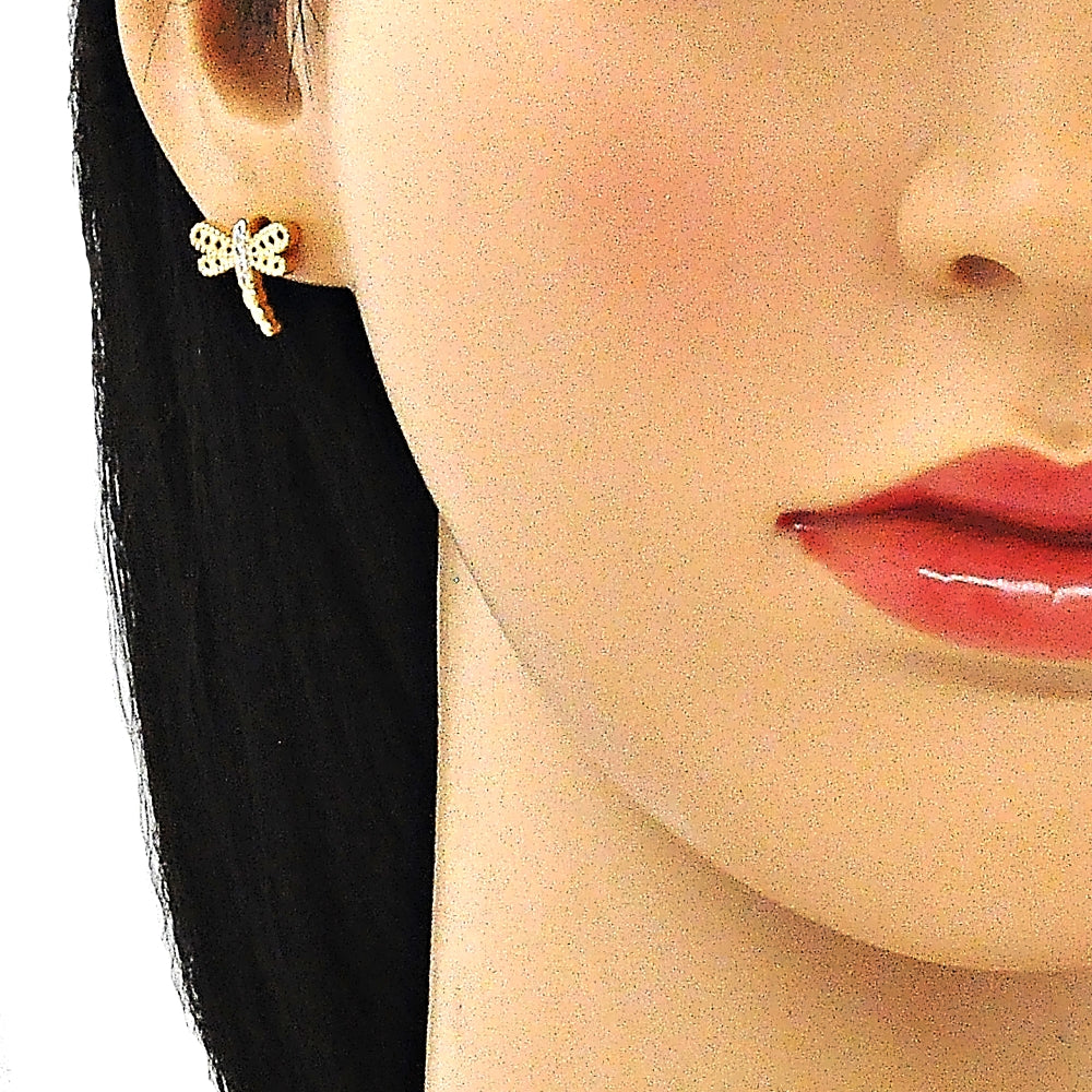 Oro Laminado Stud Earring, Gold Filled Style Dragon-Fly Design, with White Micro Pave, Polished, Golden Finish