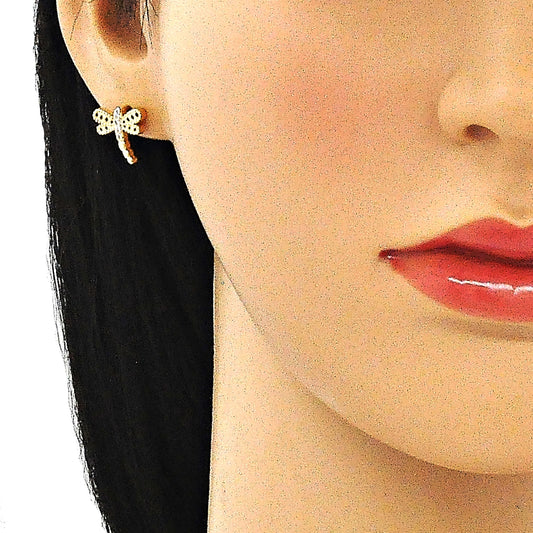 Oro Laminado Stud Earring, Gold Filled Style Dragon-Fly Design, with White Micro Pave, Polished, Golden Finish