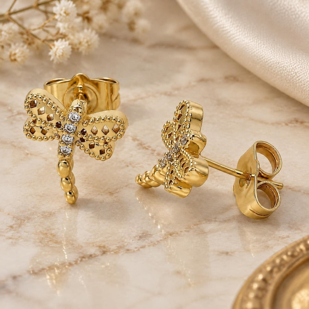 Oro Laminado Stud Earring, Gold Filled Style Dragon-Fly Design, with White Micro Pave, Polished, Golden Finish