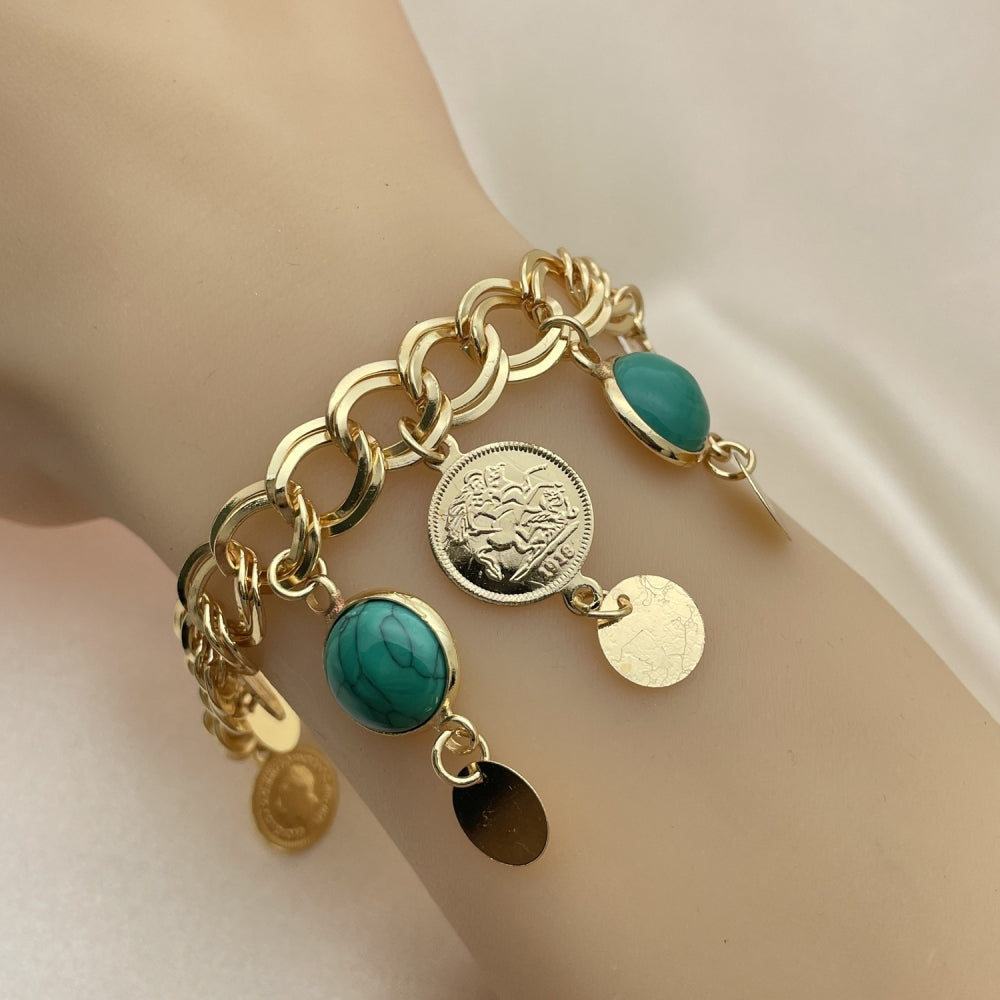 Oro Laminado Charm Bracelet, Gold Filled Style with Green Opal, Polished, Golden Finish
