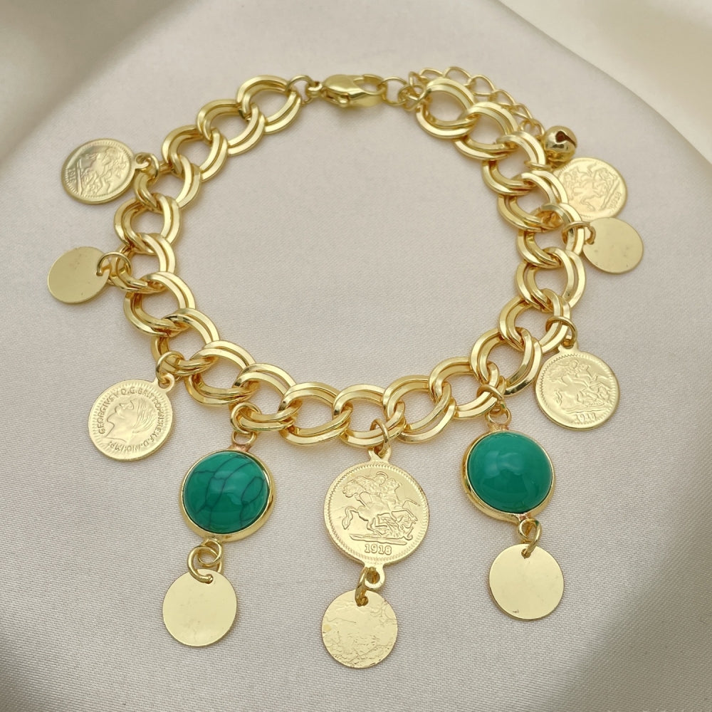 Oro Laminado Charm Bracelet, Gold Filled Style with Green Opal, Polished, Golden Finish