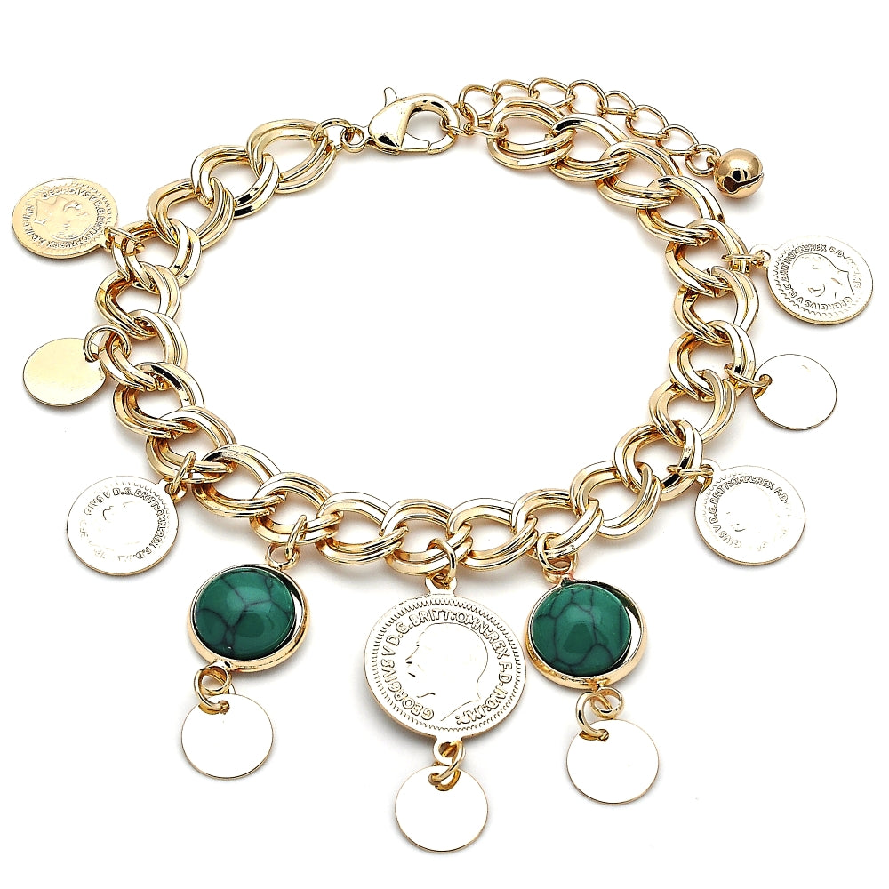 Oro Laminado Charm Bracelet, Gold Filled Style with Green Opal, Polished, Golden Finish
