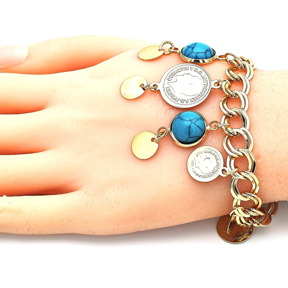 Oro Laminado Charm Bracelet, Gold Filled Style with Turquoise Opal, Polished, Golden Finish