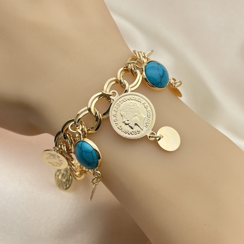 Oro Laminado Charm Bracelet, Gold Filled Style with Turquoise Opal, Polished, Golden Finish