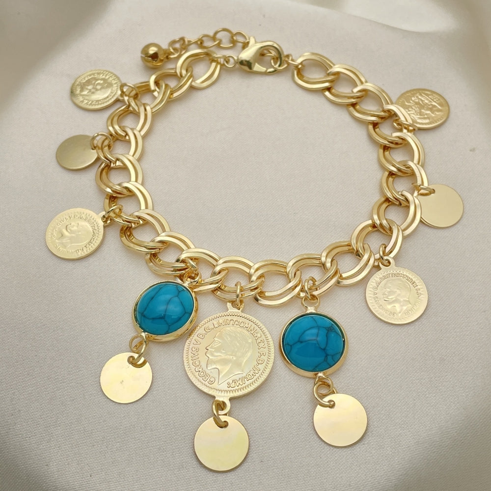 Oro Laminado Charm Bracelet, Gold Filled Style with Turquoise Opal, Polished, Golden Finish