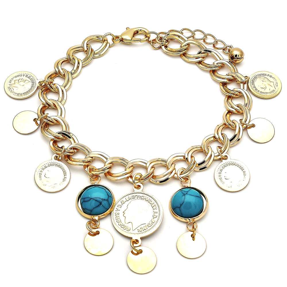 Oro Laminado Charm Bracelet, Gold Filled Style with Turquoise Opal, Polished, Golden Finish