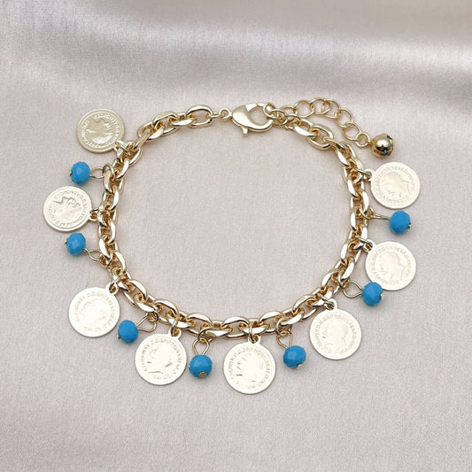 Oro Laminado Charm Bracelet, Gold Filled Style with Turquoise Crystal, Polished, Golden Finish