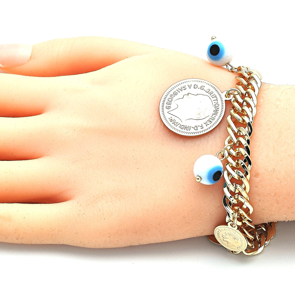 Oro Laminado Charm Bracelet, Gold Filled Style Evil Eye Design, Polished, Golden Finish