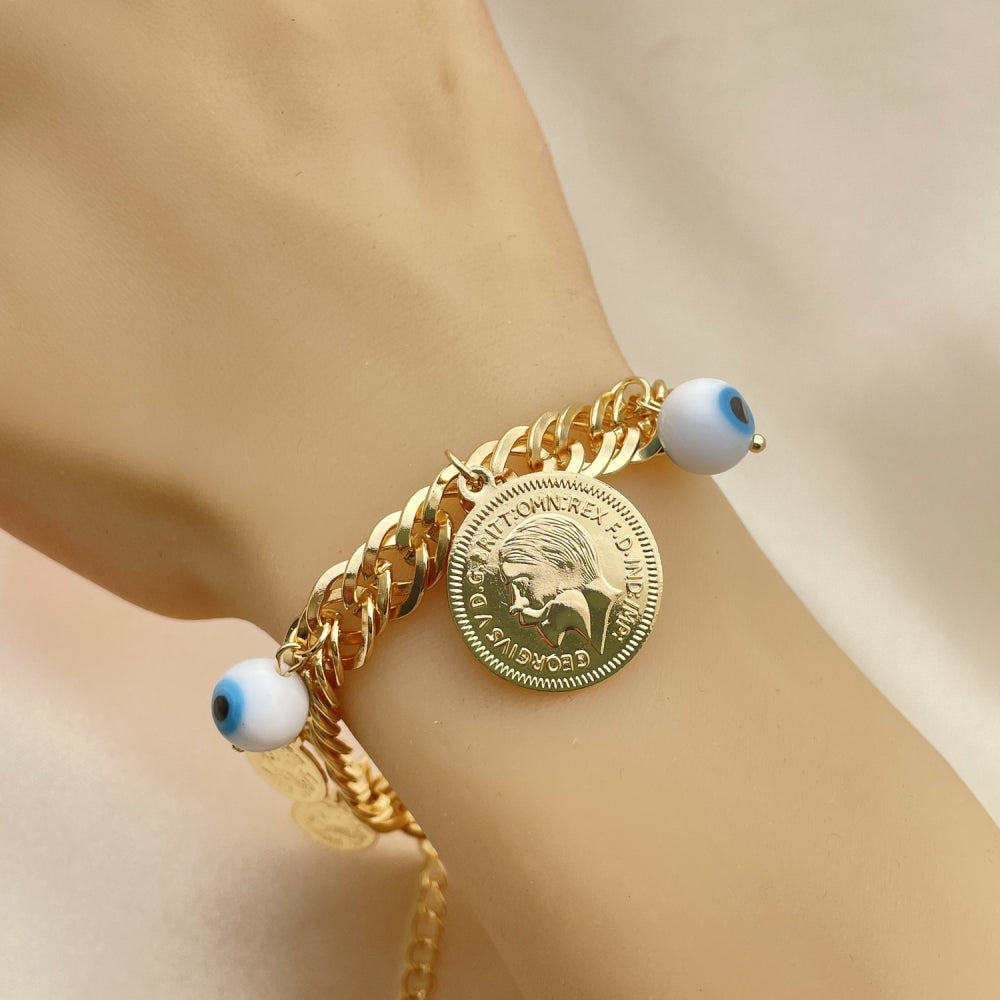 Oro Laminado Charm Bracelet, Gold Filled Style Evil Eye Design, Polished, Golden Finish