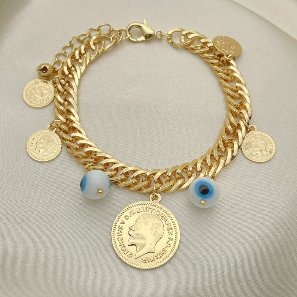 Oro Laminado Charm Bracelet, Gold Filled Style Evil Eye Design, Polished, Golden Finish