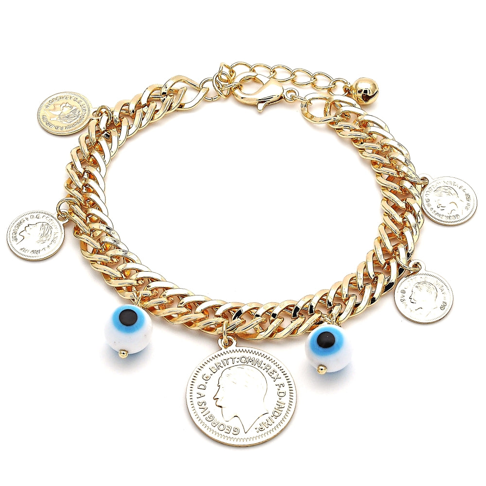 Oro Laminado Charm Bracelet, Gold Filled Style Evil Eye Design, Polished, Golden Finish