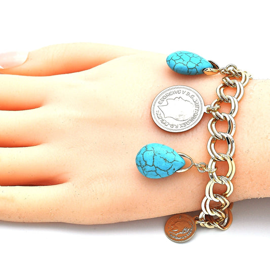 Oro Laminado Charm Bracelet, Gold Filled Style Teardrop Design, with Turquoise Opal, Polished, Golden Finish