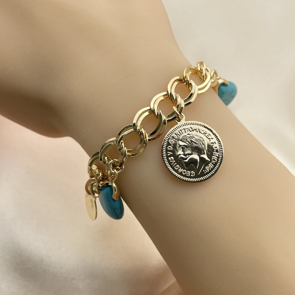 Oro Laminado Charm Bracelet, Gold Filled Style Teardrop Design, with Turquoise Opal, Polished, Golden Finish
