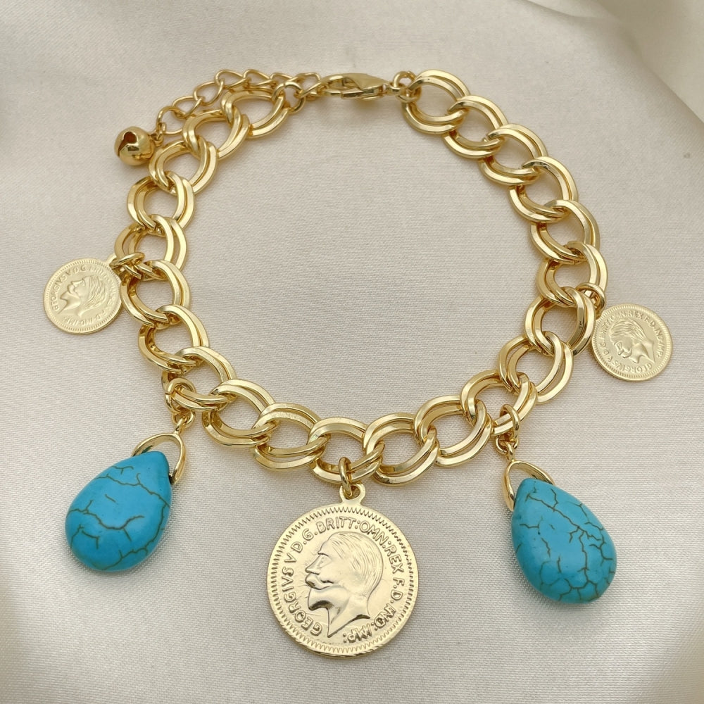 Oro Laminado Charm Bracelet, Gold Filled Style Teardrop Design, with Turquoise Opal, Polished, Golden Finish