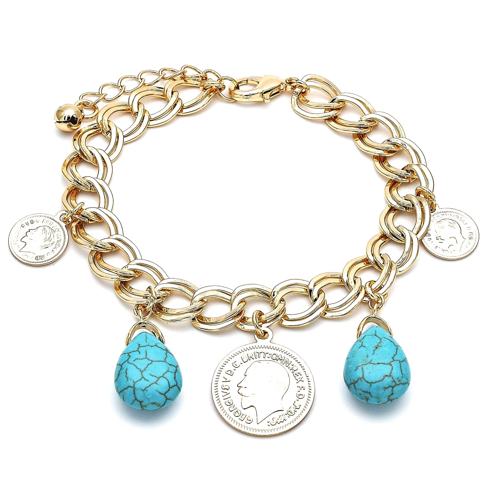 Oro Laminado Charm Bracelet, Gold Filled Style Teardrop Design, with Turquoise Opal, Polished, Golden Finish