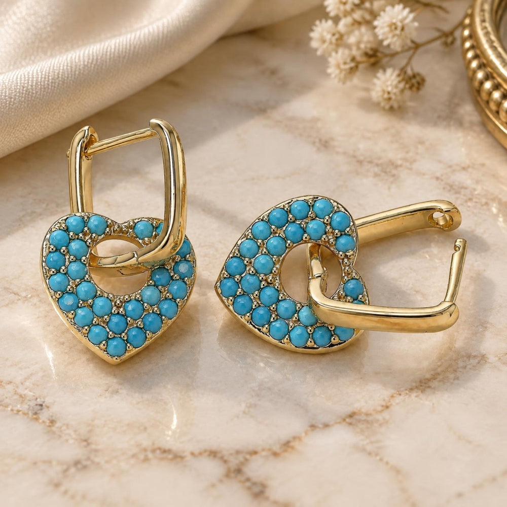 Oro Laminado Huggie Hoop, Gold Filled Style Heart and Paperclip Design, with Turquoise Cubic Zirconia, Polished, Golden Finish
