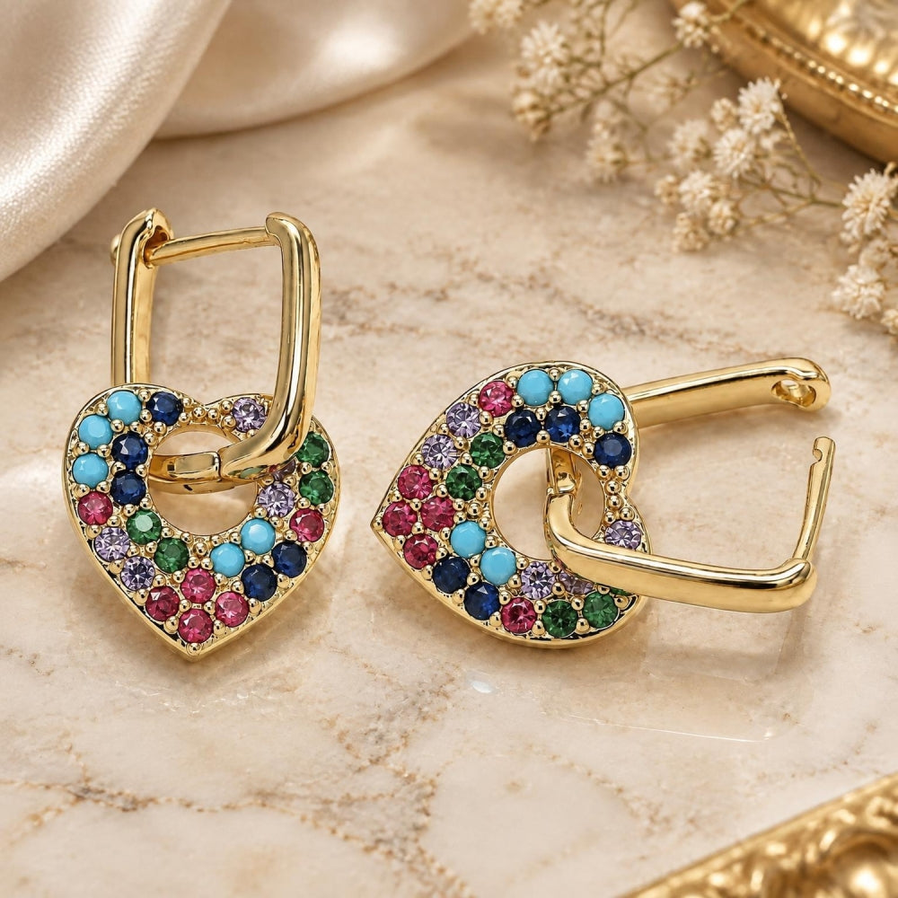 Oro Laminado Huggie Hoop, Gold Filled Style Heart and Paperclip Design, with Multicolor Cubic Zirconia, Polished, Golden Finish