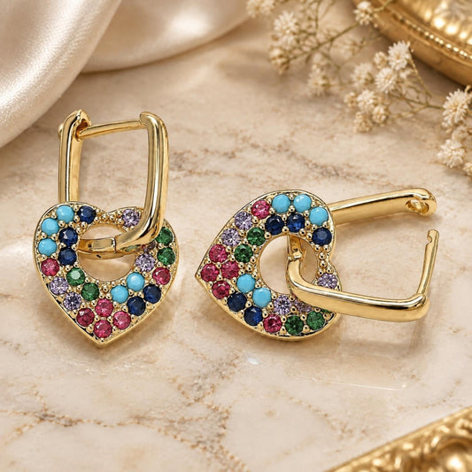 Oro Laminado Huggie Hoop, Gold Filled Style Heart and Paperclip Design, with Multicolor Cubic Zirconia, Polished, Golden Finish