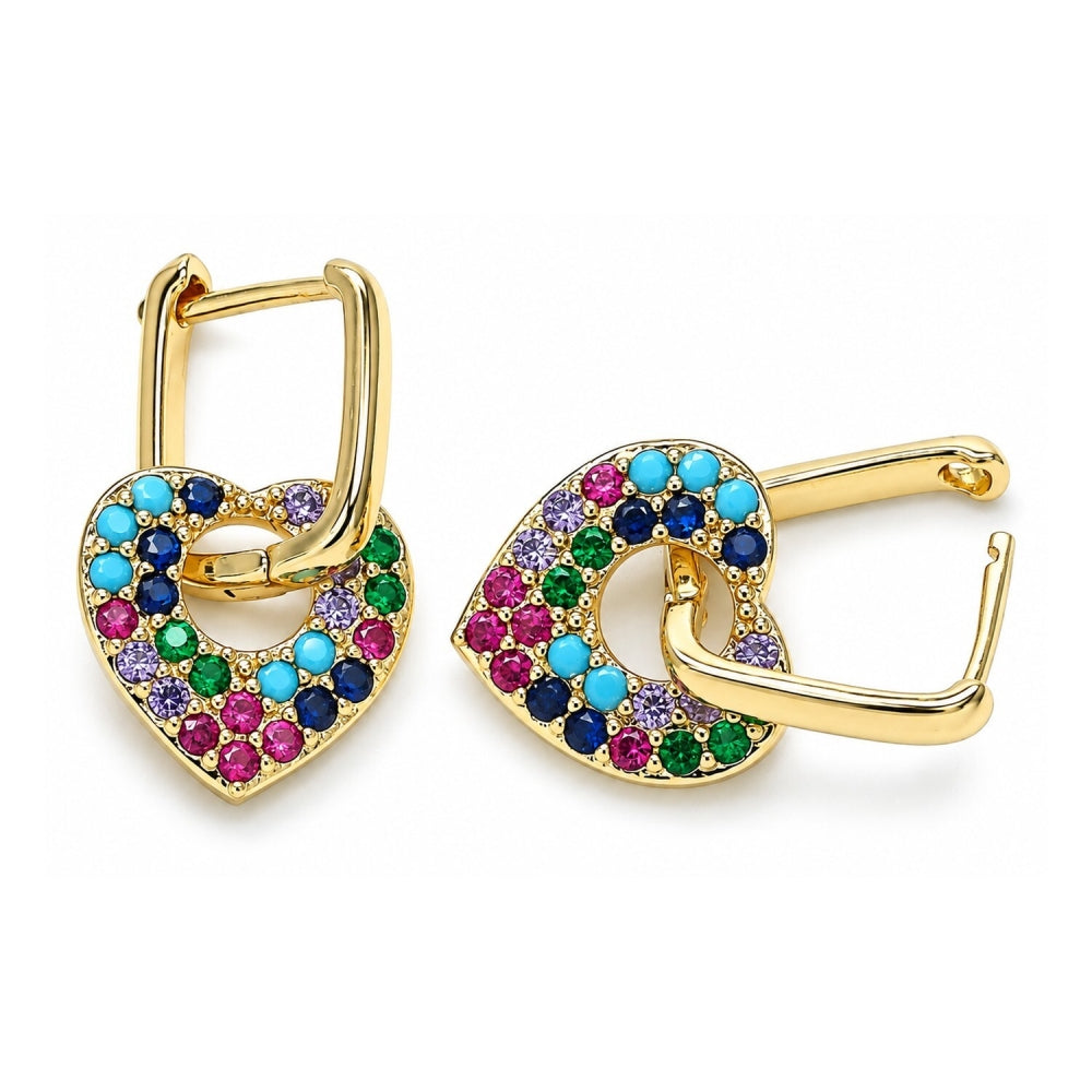 Oro Laminado Huggie Hoop, Gold Filled Style Heart and Paperclip Design, with Multicolor Cubic Zirconia, Polished, Golden Finish