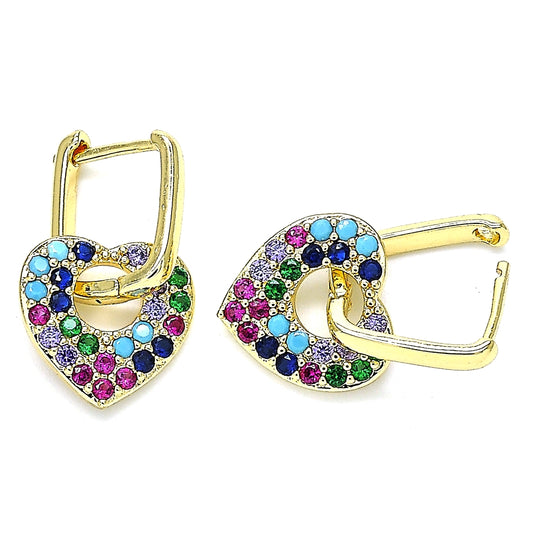 Oro Laminado Huggie Hoop, Gold Filled Style Heart and Paperclip Design, with Multicolor Cubic Zirconia, Polished, Golden Finish