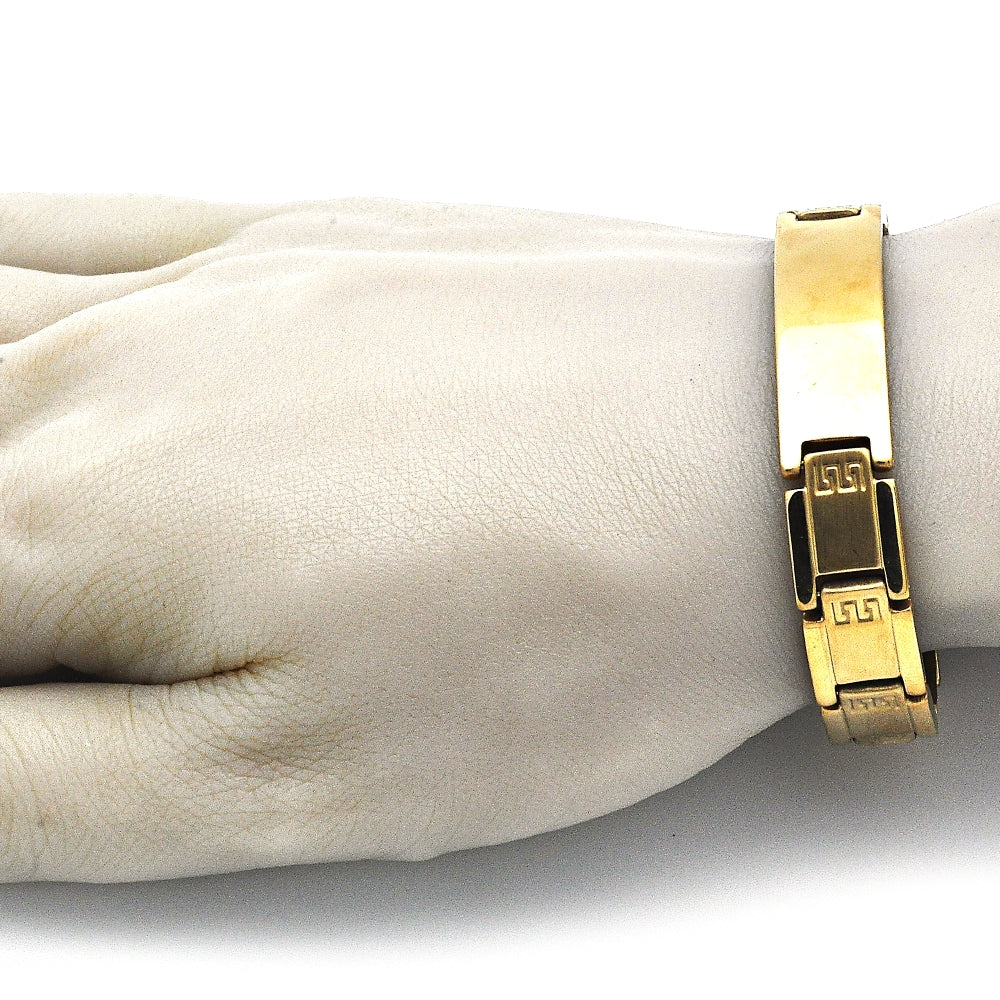 Stainless Steel Solid Bracelet, Greek Key Design, Polished, Golden Finish