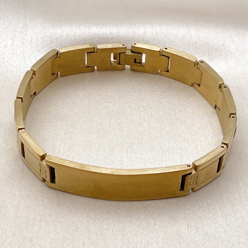 Stainless Steel Solid Bracelet, Greek Key Design, Polished, Golden Finish