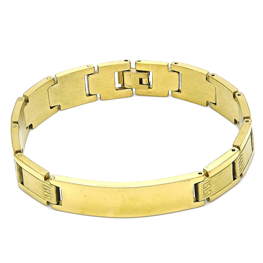 Stainless Steel Solid Bracelet, Greek Key Design, Polished, Golden Finish