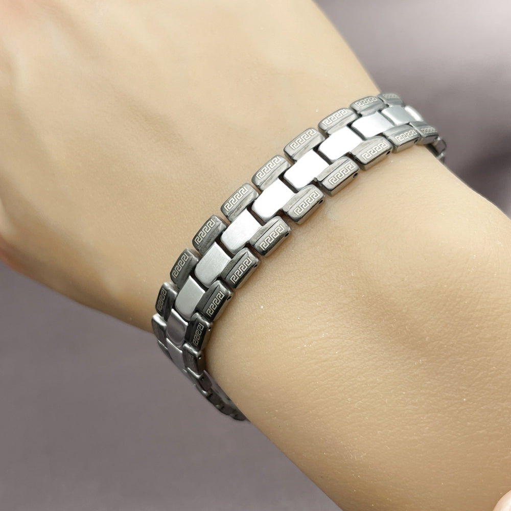Stainless Steel Solid Bracelet, Greek Key Design, Polished, Two Tone