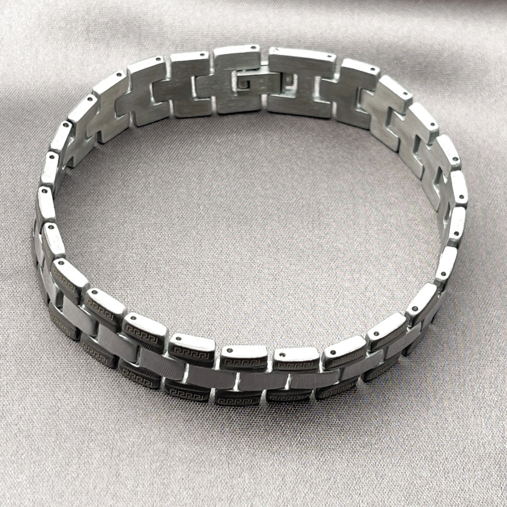 Stainless Steel Solid Bracelet, Greek Key Design, Polished, Two Tone