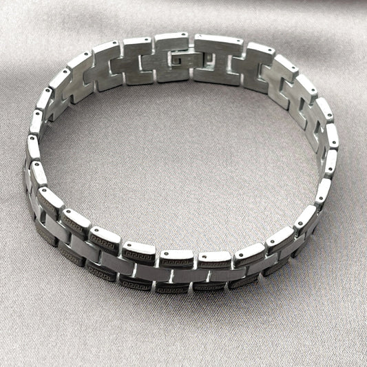 Stainless Steel Solid Bracelet, Greek Key Design, Polished, Two Tone