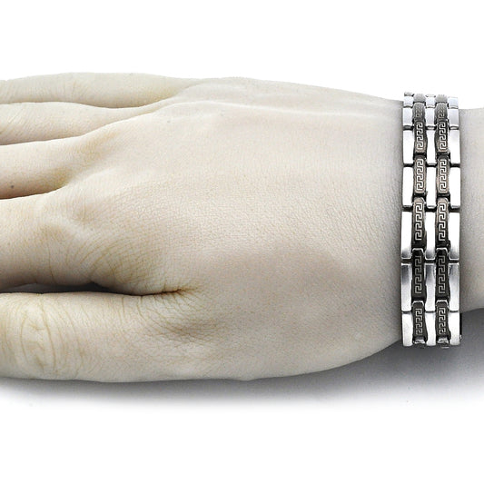 Stainless Steel Solid Bracelet, Greek Key Design, Polished, Two Tone