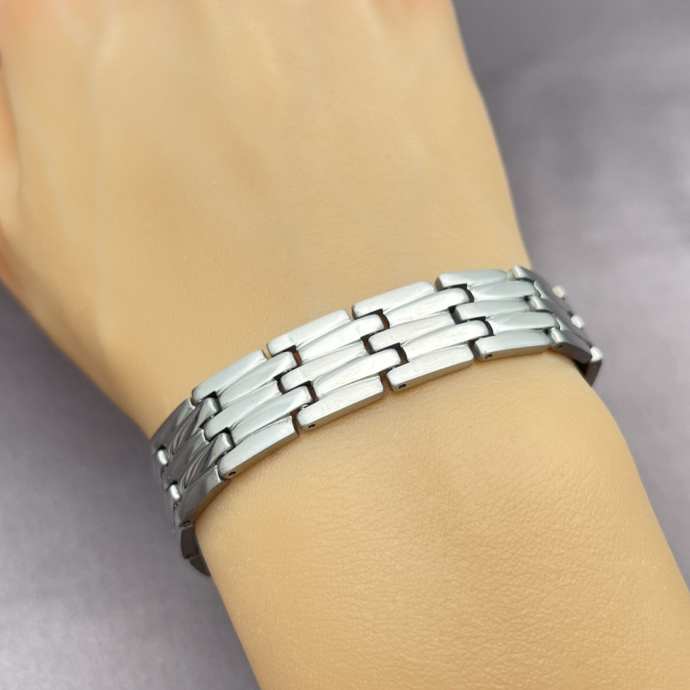 Stainless Steel Solid Bracelet, Greek Key Design, Polished, Two Tone
