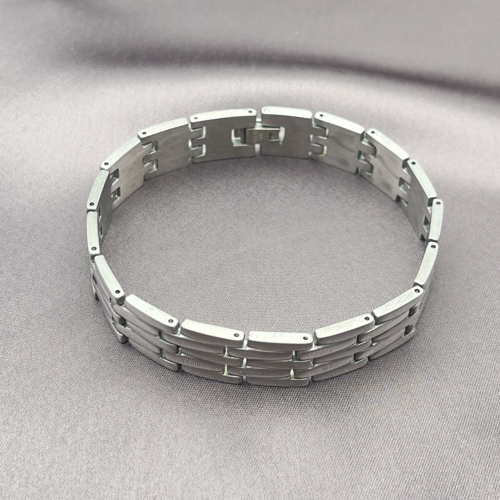 Stainless Steel Solid Bracelet, Greek Key Design, Polished, Two Tone