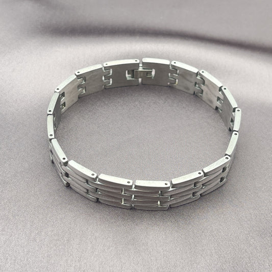 Stainless Steel Solid Bracelet, Greek Key Design, Polished, Two Tone
