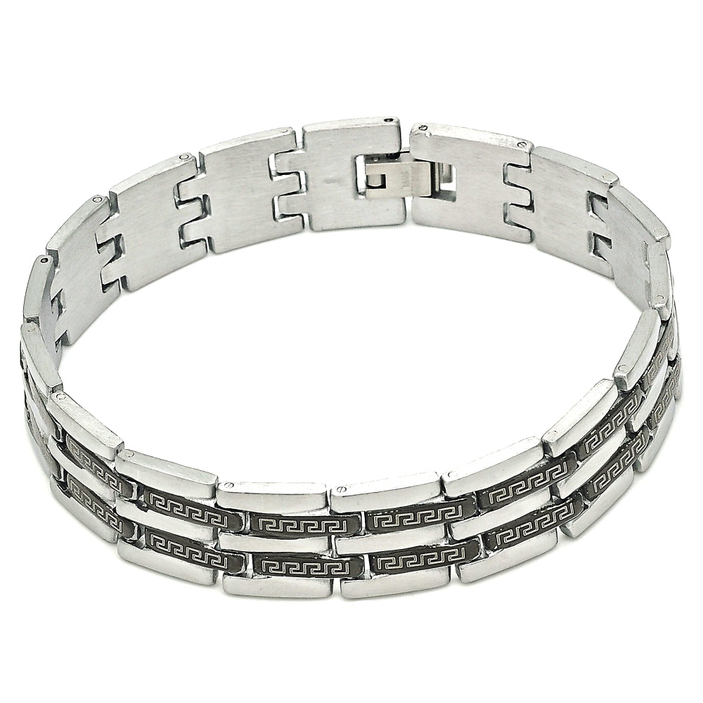 Stainless Steel Solid Bracelet, Greek Key Design, Polished, Two Tone