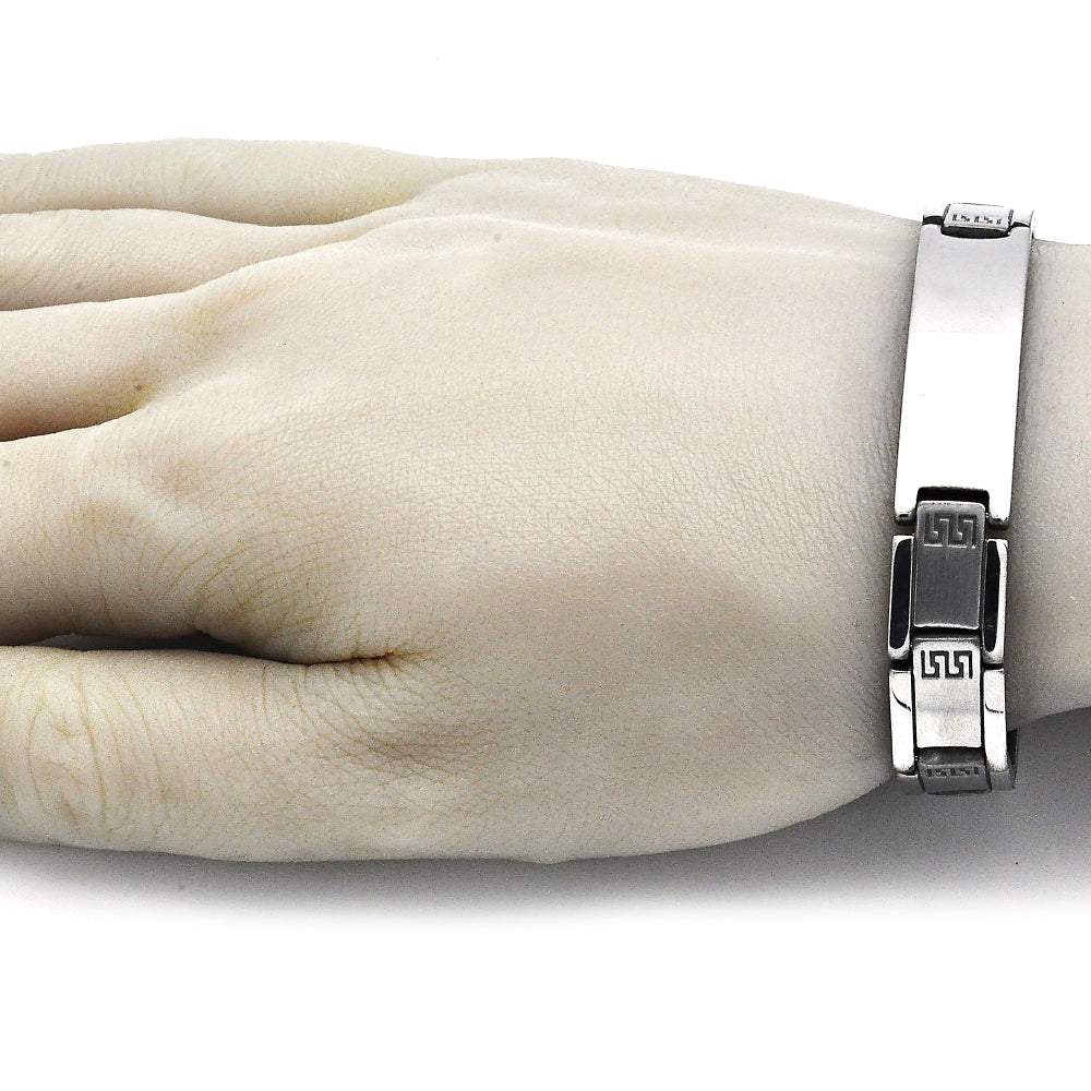 Stainless Steel Solid Bracelet, Greek Key Design, Polished, Steel Finish