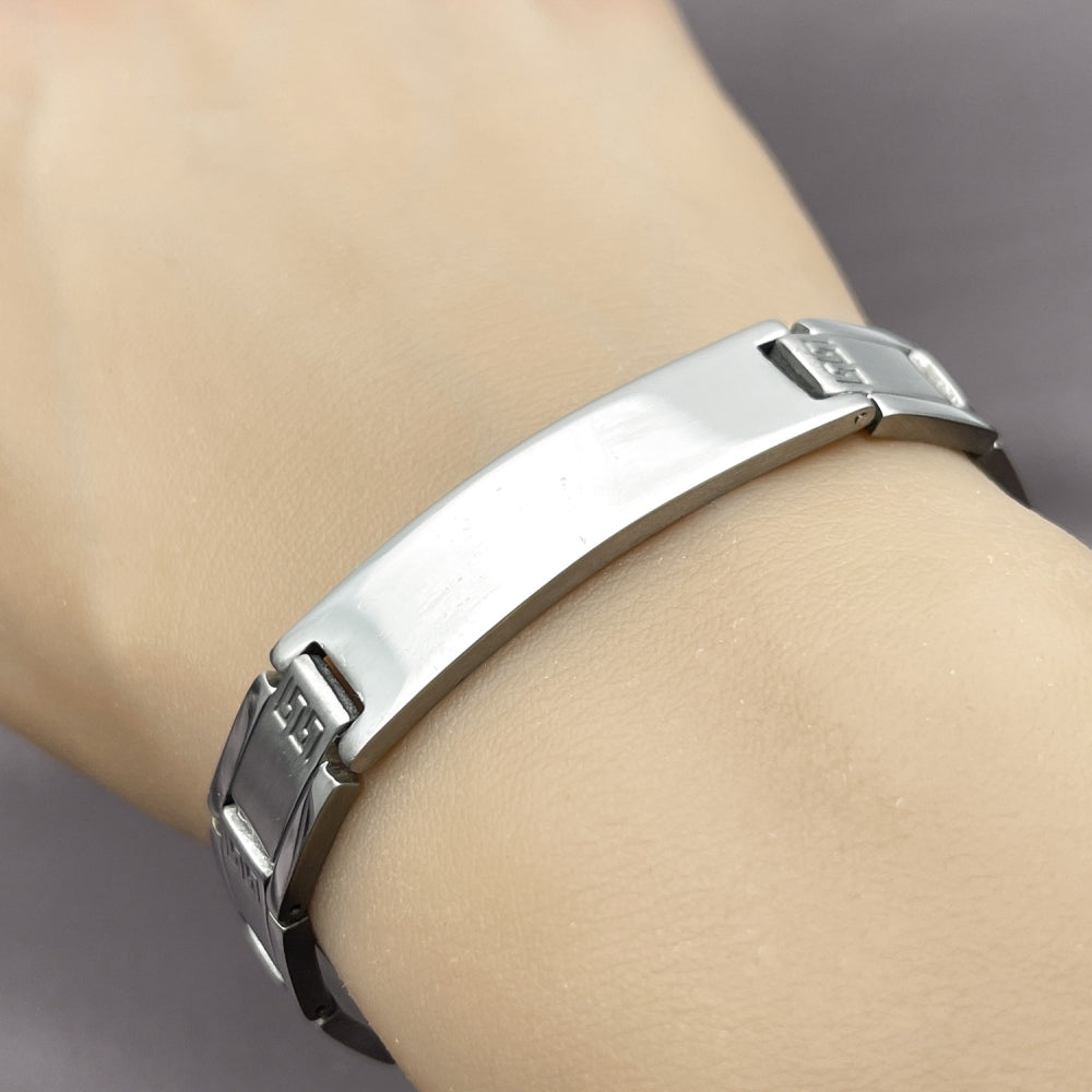Stainless Steel Solid Bracelet, Greek Key Design, Polished, Steel Finish