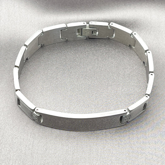 Stainless Steel Solid Bracelet, Greek Key Design, Polished, Steel Finish