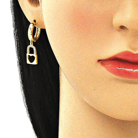 Oro Laminado Huggie Hoop, Gold Filled Style Lock and Heart Design, with White Micro Pave, Polished, Golden Finish