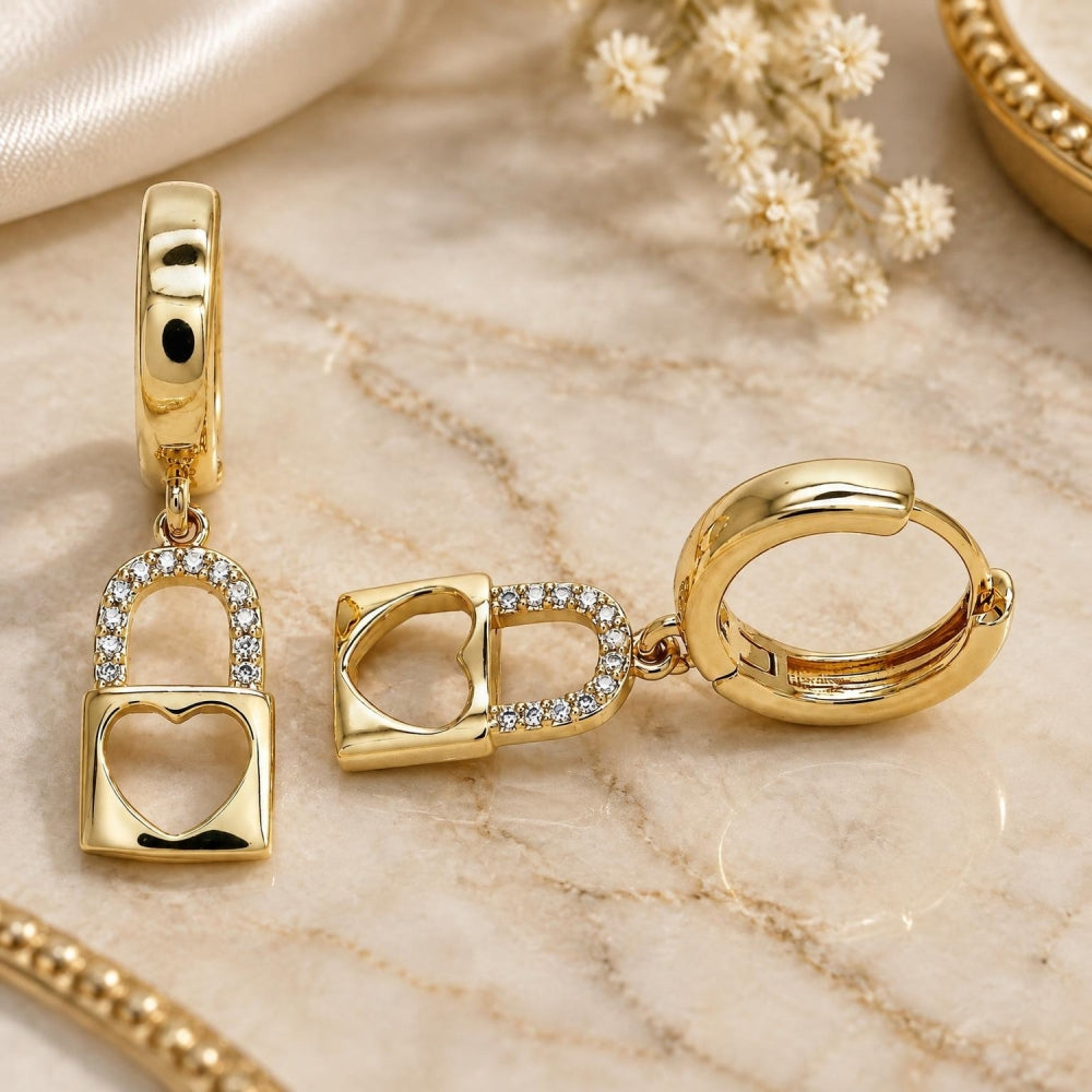 Oro Laminado Huggie Hoop, Gold Filled Style Lock and Heart Design, with White Micro Pave, Polished, Golden Finish