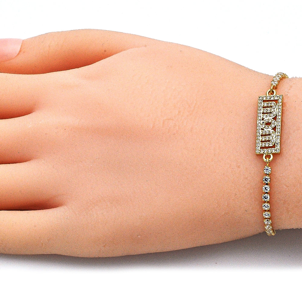 Oro Laminado Adjustable Bolo Bracelet, Gold Filled Style Mom Design, with White Micro Pave, Polished, Golden Finish