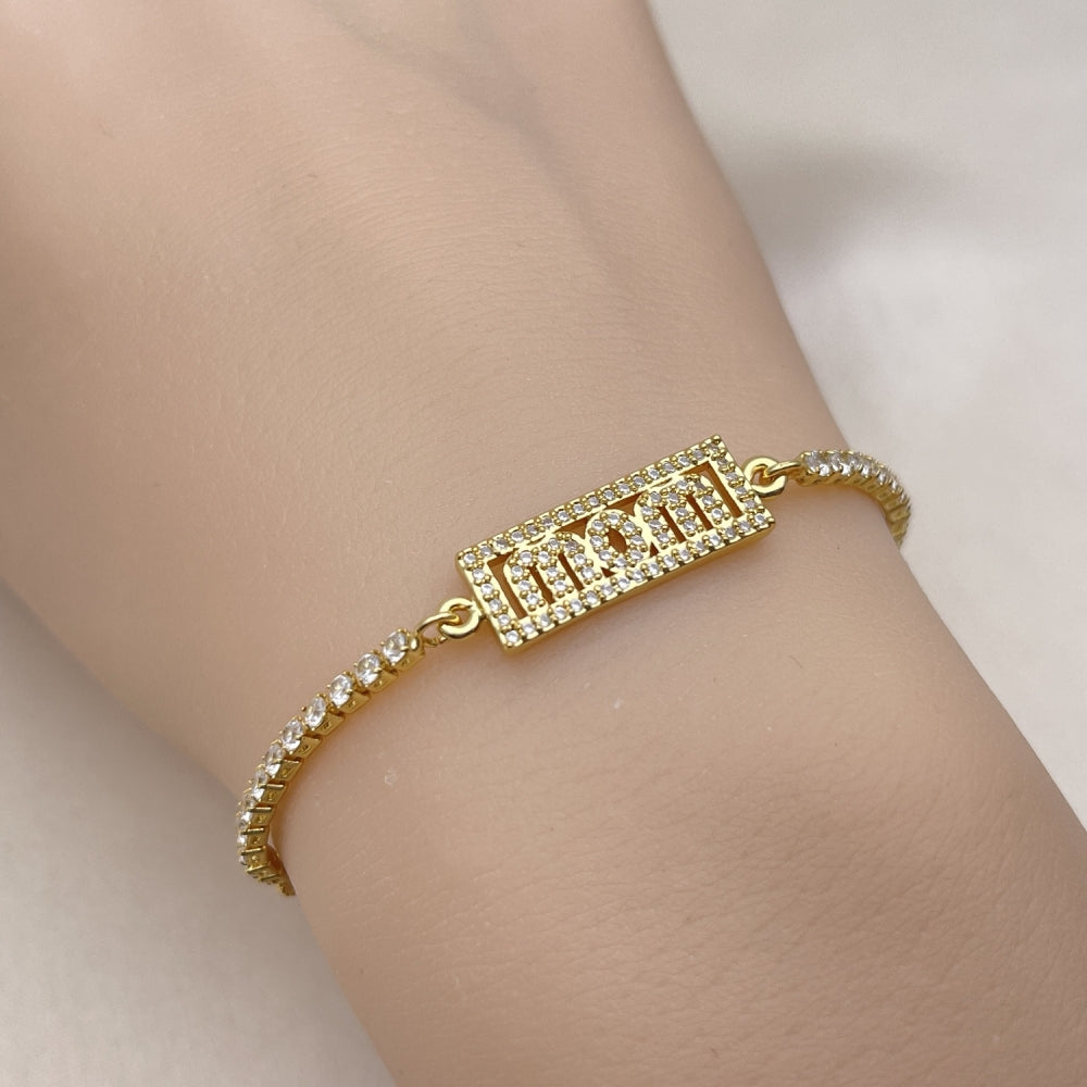 Oro Laminado Adjustable Bolo Bracelet, Gold Filled Style Mom Design, with White Micro Pave, Polished, Golden Finish