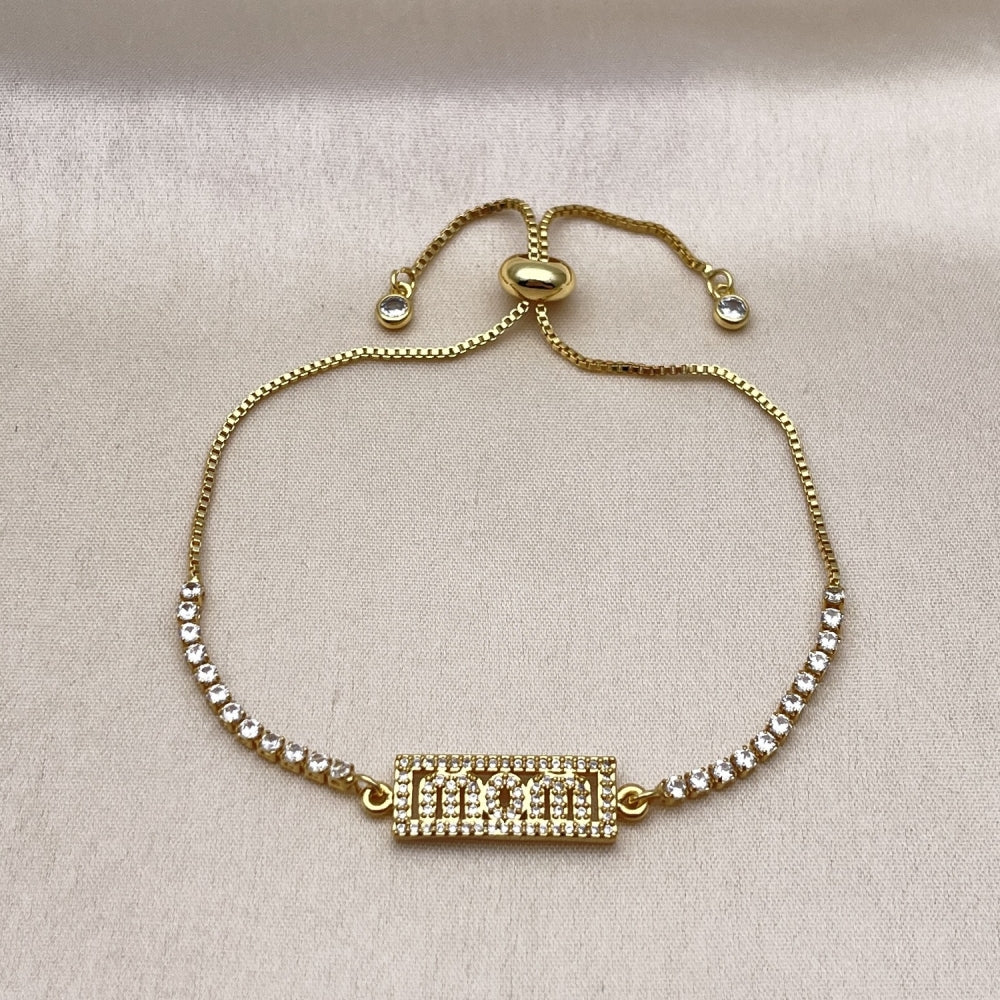 Oro Laminado Adjustable Bolo Bracelet, Gold Filled Style Mom Design, with White Micro Pave, Polished, Golden Finish