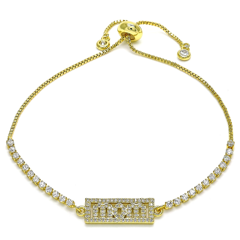 Oro Laminado Adjustable Bolo Bracelet, Gold Filled Style Mom Design, with White Micro Pave, Polished, Golden Finish