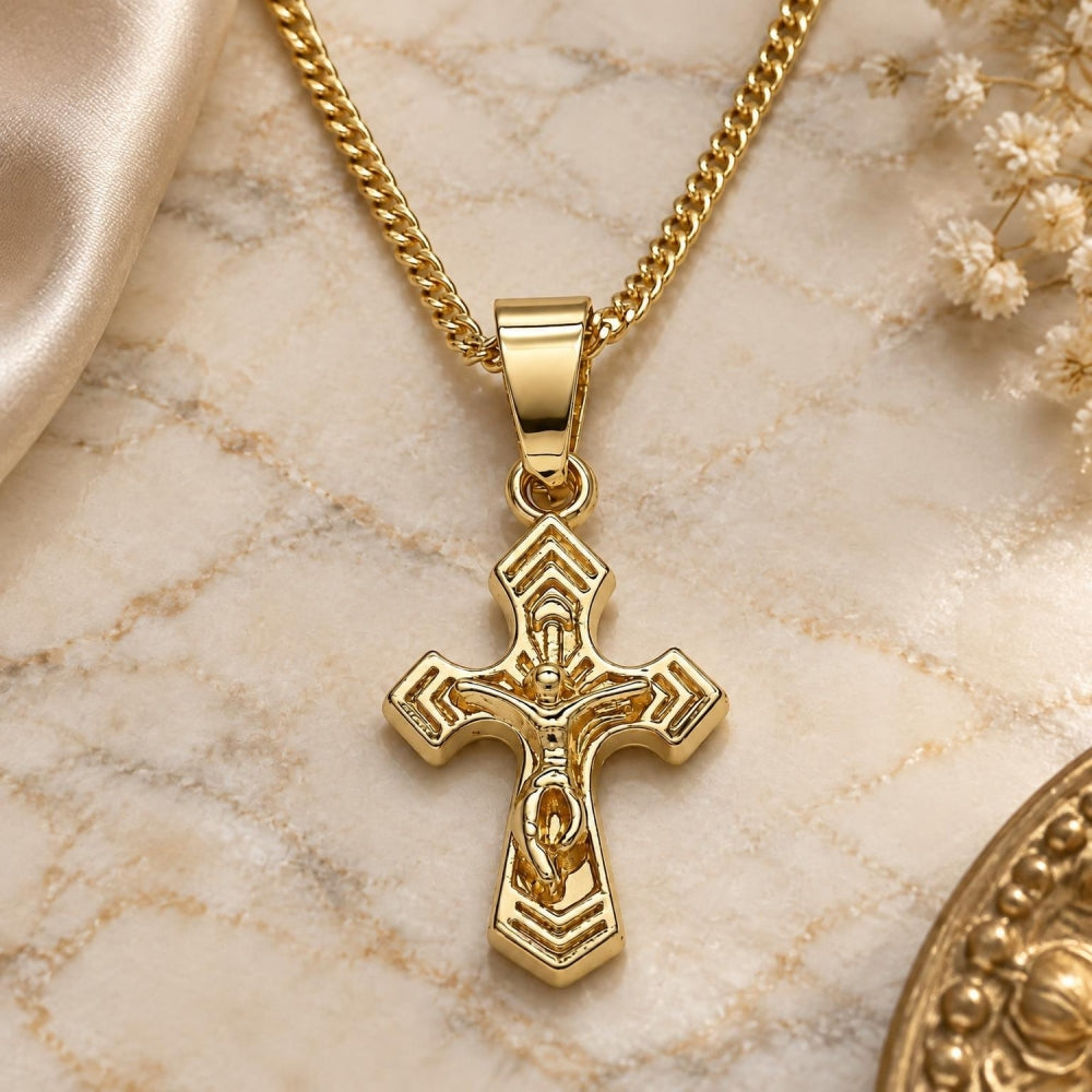 Oro Laminado Pendant Necklace, Gold Filled Style Crucifix Design, Polished, Golden Finish