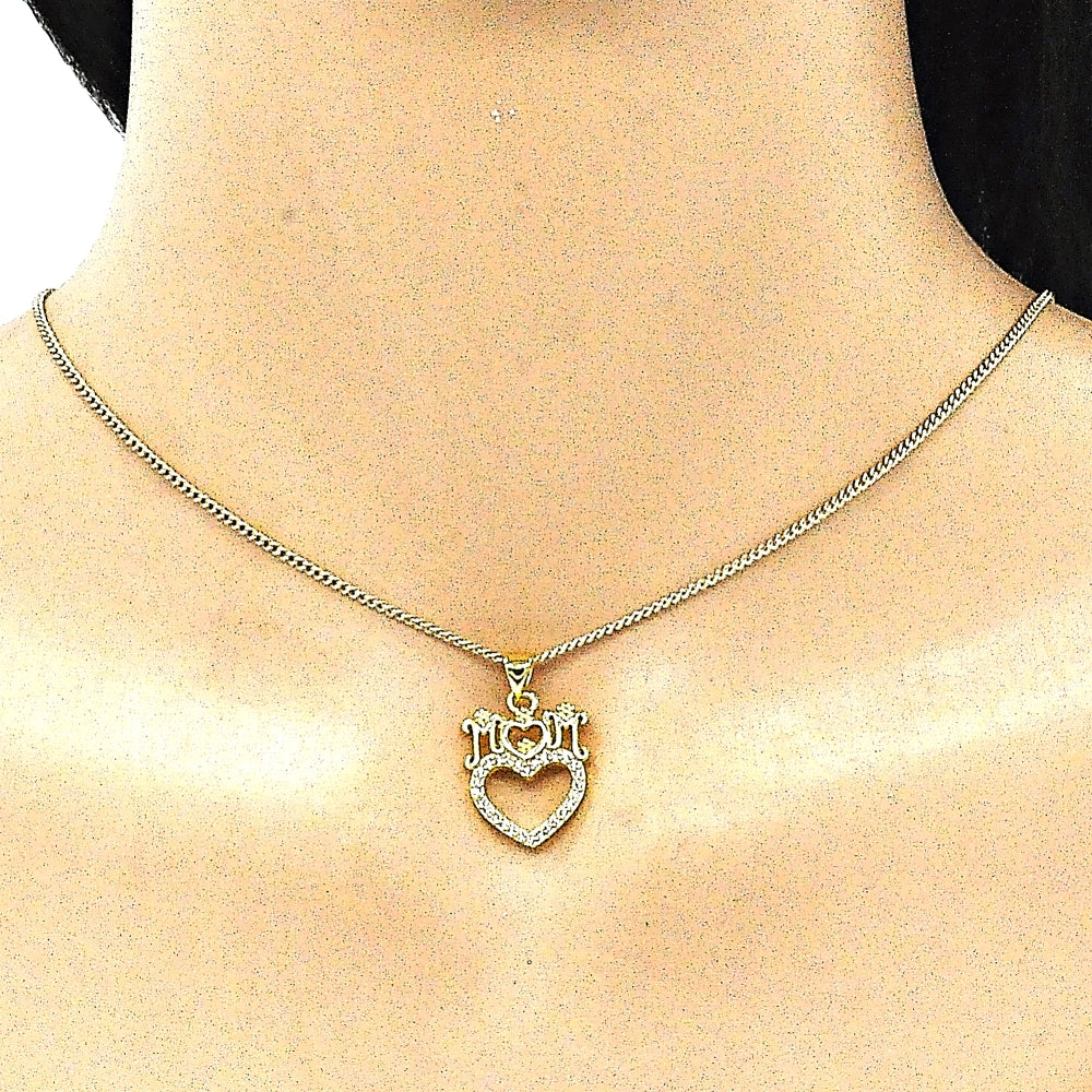 Oro Laminado Pendant Necklace, Gold Filled Style Heart and Mom Design, with White Micro Pave, Polished, Golden Finish