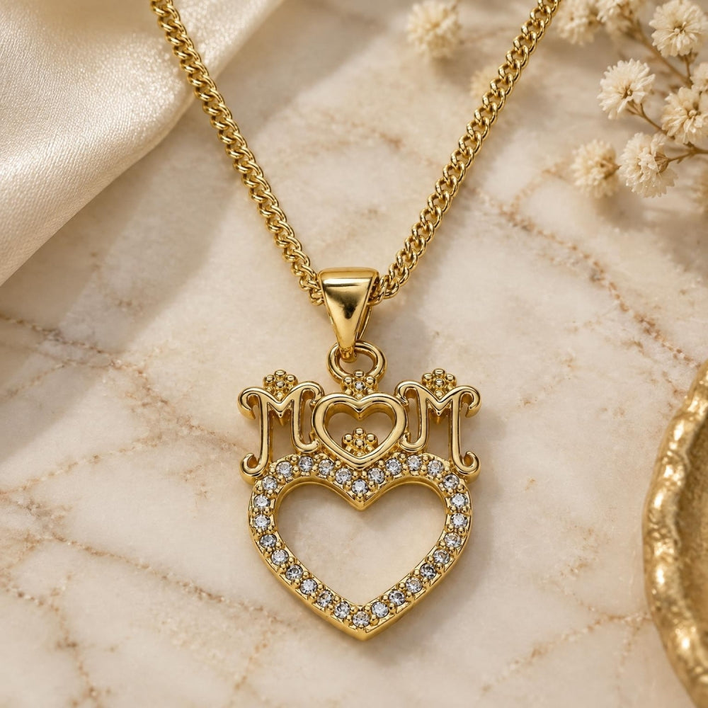 Oro Laminado Pendant Necklace, Gold Filled Style Heart and Mom Design, with White Micro Pave, Polished, Golden Finish