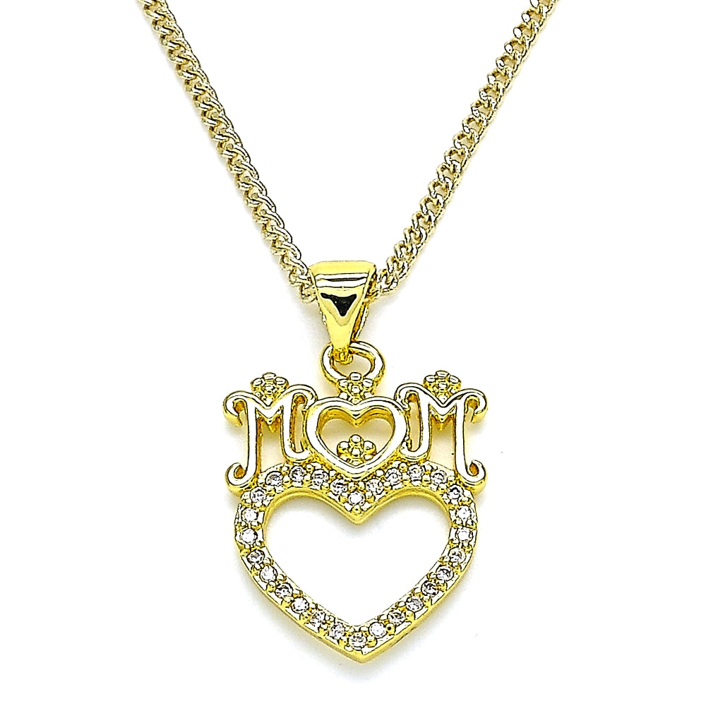 Oro Laminado Pendant Necklace, Gold Filled Style Heart and Mom Design, with White Micro Pave, Polished, Golden Finish
