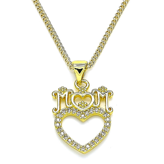 Oro Laminado Pendant Necklace, Gold Filled Style Heart and Mom Design, with White Micro Pave, Polished, Golden Finish