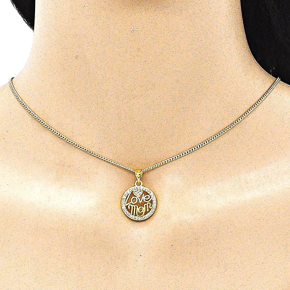 Oro Laminado Pendant Necklace, Gold Filled Style Love and Mom Design, with White Micro Pave, Polished, Golden Finish